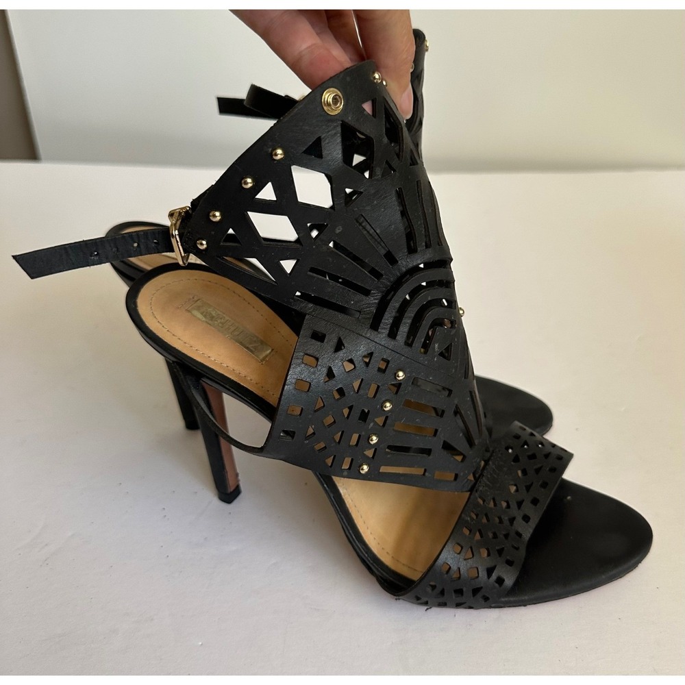 Schutz Brasiliana Gladiator Sandals Black Leather Laser Cut Removable Piece 8B - Picture 5 of 16